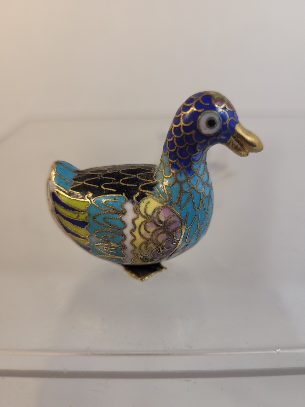 Vintage Cloisonne Enamel Duck Figurine Miniature Blue Multicolored Bird Brass (V